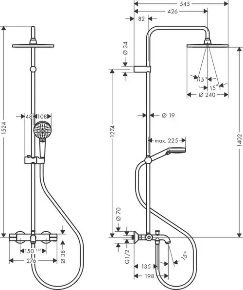 Fertigungszeichnung einer Hansgrohe-Duschsäule mit Regenduschkopf und Handbrause. Maße und Schnittstellen für die Installation sind detailliert dargestellt.